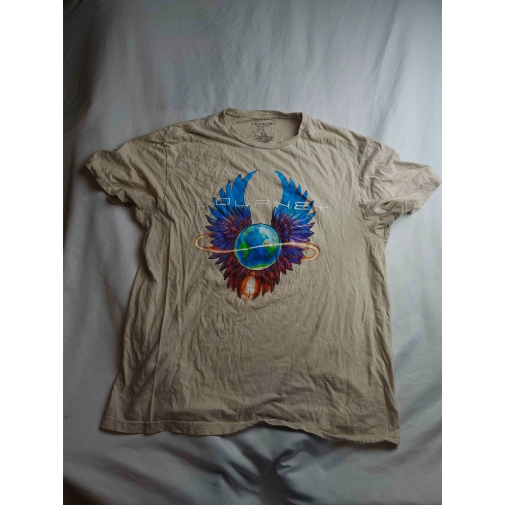 Journey Band T-Shirt Mens L Beige Graphic Rock Music Concert Merch Festival Wear